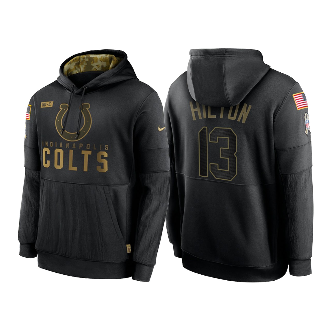 Men's Indianapolis Colts #13 T.Y. Hilton 2020 Black Salute to Service Sideline Performance Pullover Hoodie